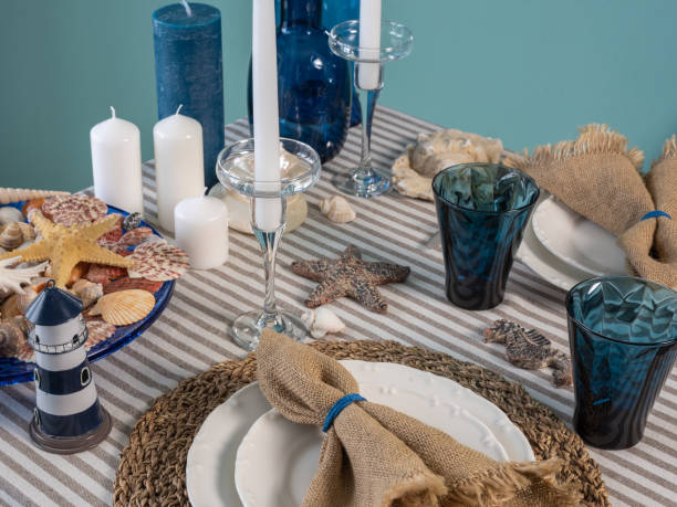istock Marine style in the interior, table setting in a sea style 1365157092