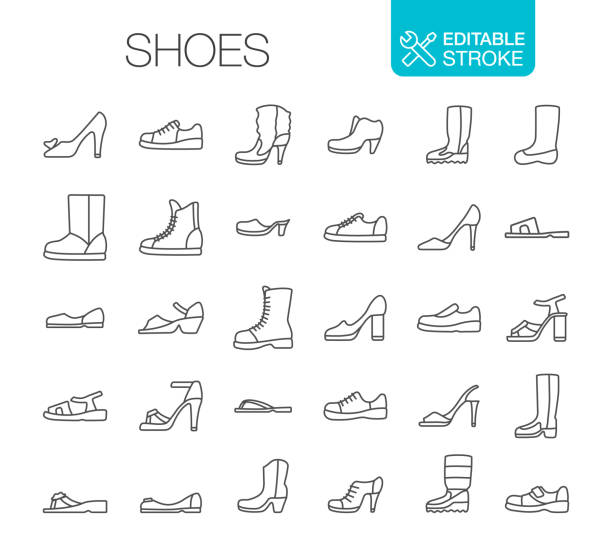 ilustraciones, imágenes clip art, dibujos animados e iconos de stock de iconos de zapatos establecer trazo editable - zapato de vestir