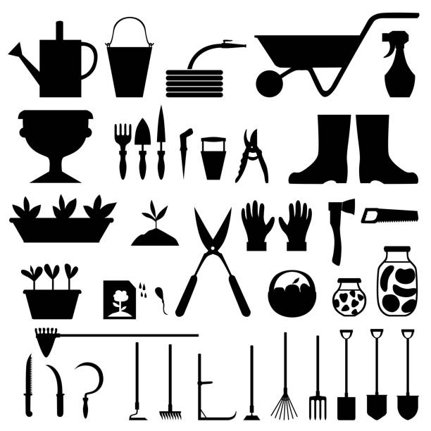 ilustrações, clipart, desenhos animados e ícones de ícone conjunto de ferramentas de jardim - watering can shovel rake silhouette