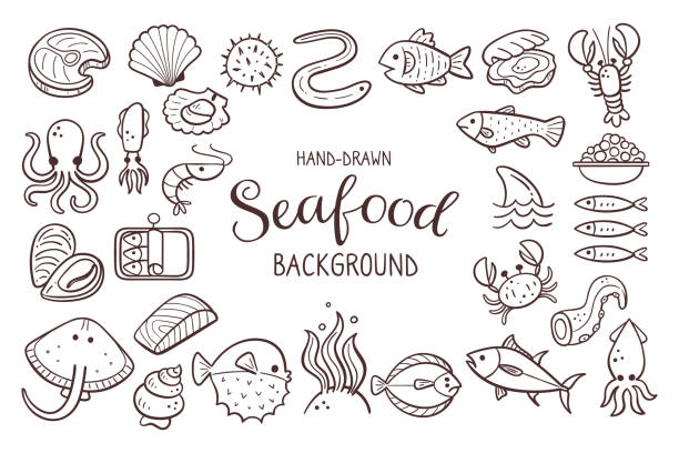 illustrazioni stock, clip art, cartoni animati e icone di tendenza di doodle seafood sfondo - tuna fish silhouette saltwater fish