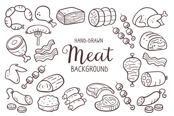 tło mięsa doodle - meat steak sausage salami stock illustrations