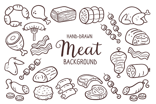 Hand drawn meat background. Pieces of meat and meat products. Food ingredients for cooking illustration. Isolated doodle icons on white background. Vector illustration.