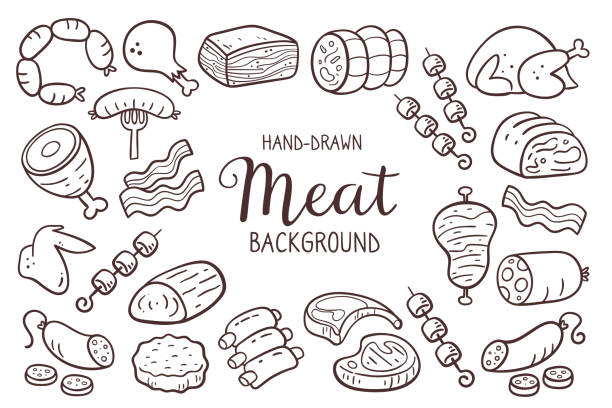 Doodle Meat Background Hand drawn meat background. Pieces of meat and meat products. Food ingredients for cooking illustration. Isolated doodle icons on white background. Vector illustration. uncooked bacon stock illustrations