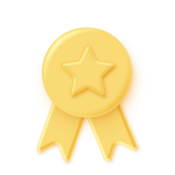 istock Yellow 3d stamp with ribbons and star isolated on white background. Luxury golden seal. Vector design element. 1365160914