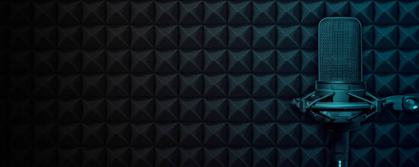 istock Studio microphone on blue acoustic foam background, Podcast or recording studio banner with copy space 1365161752