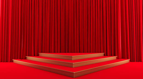 istock Flare Stage with red curtain and pedestal 1365163217