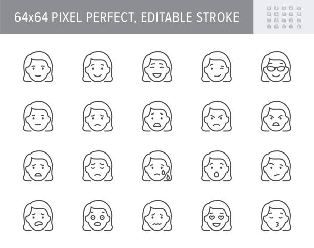 emoticons-liniensymbole. vektorillustration enthalten symbol - psychische gesundheit, sorge, lachen, enttäuscht, verwirrtes umrisspiktogramm für den ausdruck des weiblichen charakters. 64x64 pixel perfekter, editierbarer strich - glade stock-grafiken, -clipart, -cartoons und -symbole