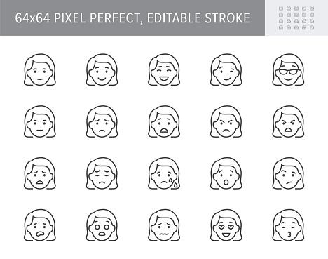 Emoticons line icons. Vector illustration include icon - mental health, worry, laugh, disappointed, confused outline pictogram for woman character expression. 64x64 Pixel Perfect, Editable Stroke.