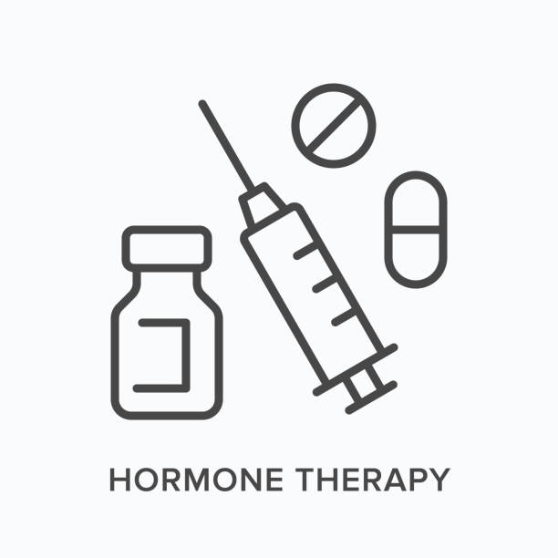 Hormone therapy flat line icon. Vector outline illustration of pill, bottle and syringe. Black thin linear pictogram for drug treatment Hormone therapy flat line icon. Vector outline illustration of pill, bottle and syringe. Black thin linear pictogram for drug treatment. hormone therapy stock illustrations