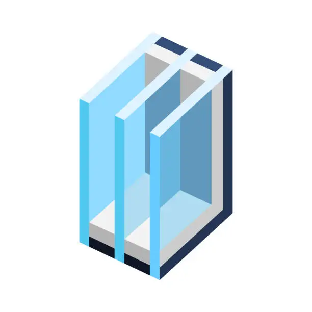 Vector illustration of Illustration of cross section double glazed window. PVC plastic or aluminum metal profile.