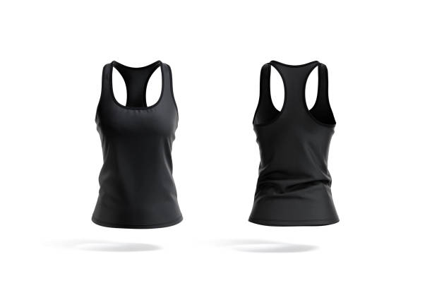 blank black women racerback tanktop mockup, front and back view - halter top imagens e fotografias de stock