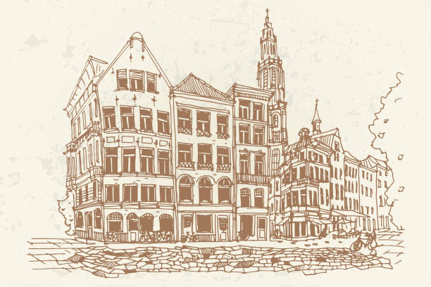 ilustrações de stock, clip art, desenhos animados e ícones de vector sketch of street scene in antwerpen, belgium. - antuerpia