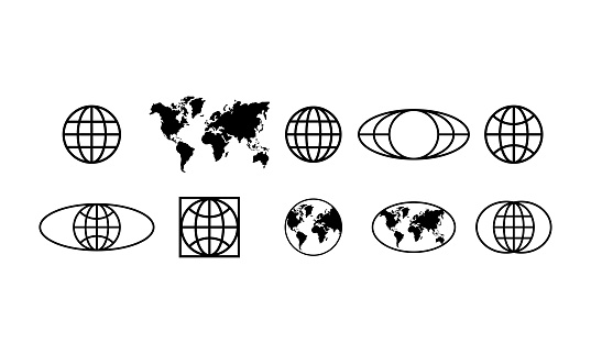 collection set of simple earth, globe, world, and map in black and white outline style. geometrical shapes elements isolated on white background in logo design vector.