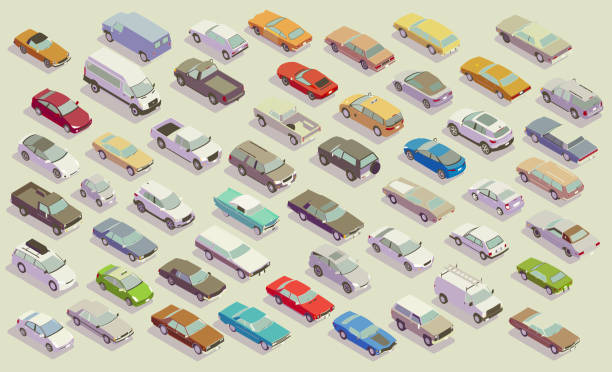 ilustraciones, imágenes clip art, dibujos animados e iconos de stock de ilustración isométrica de tráfico - traffic jam traffic sports utility vehicle car
