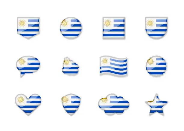 Vector illustration of Uruguay - set of shiny flags of different shapes.