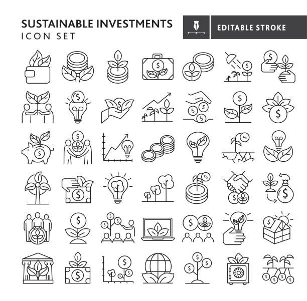 녹색 지속 가능한 투자 성장 윤리적 투자, 사회적으로 책임있는 투자, 얇은 라인 아이콘 세트 투자에 영향을 - 편집 스트로크 - impact stock illustrations