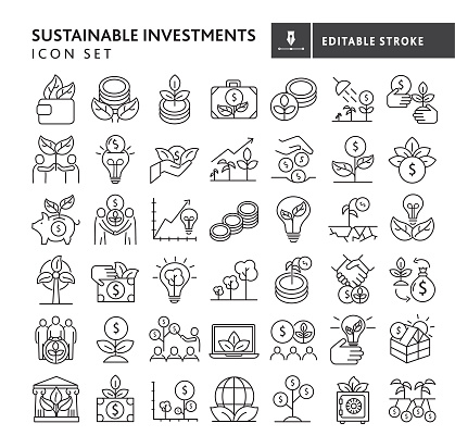 Vector illustration of a big set of global financial market responsible investments. Includes green growth assets, mutual funds and investment funds, in consideration of positive environmental and social impacts. Fully editable stroke outline for easy editing. Simple set that includes vector eps and high resolution jpg in download.