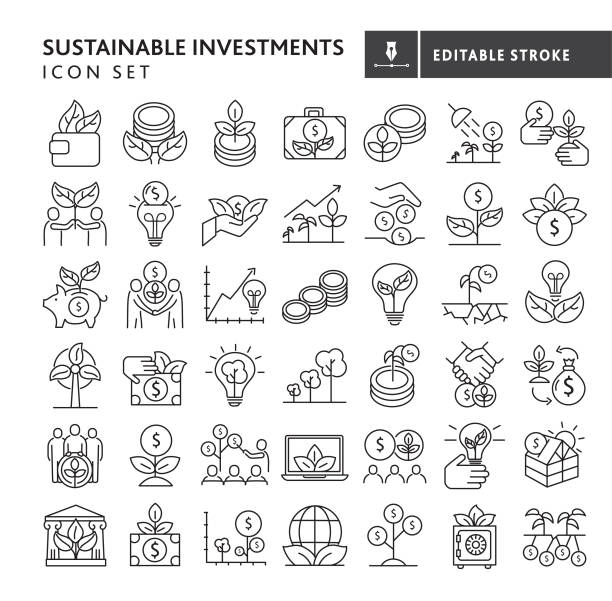 Green sustainable investing growth ethical investing, socially responsible investing, impact investing thin line Icon set - editable stroke Vector illustration of a big set of global financial market responsible investments. Includes green growth assets, mutual funds and investment funds, in consideration of positive environmental and social impacts. Fully editable stroke outline for easy editing. Simple set that includes vector eps and high resolution jpg in download. environmental social corporate governance esg stock illustrations