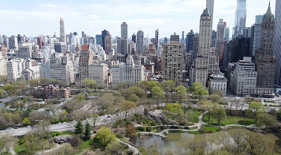 Panoramic view from Central Park. Bow bridge, lake, Upper West Side buildings.