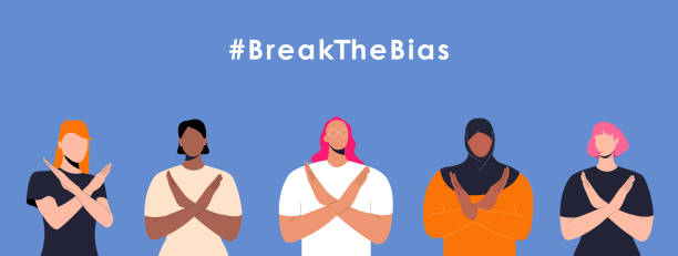 ilustrações de stock, clip art, desenhos animados e ícones de international womens day. 8th march. hashtag breakthebias horizontal poster with women with different skin color and ethnic groups cross arms. vector illustration in flat style. - mundial 2022