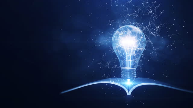 Learning from books or textbooks and the Internet helps create new ideas. Slowly moving interconnected polygons surround a glowing electric light bulb with a book underneath. dark blue background.