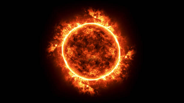 istock 4K resolution, Full Sun surface loop view with solar flares on a black background and copy space on black background, global warming concept. Abstract scientific in universe background. 1365170252