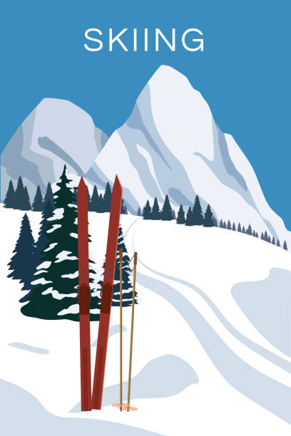 ilustraciones, imágenes clip art, dibujos animados e iconos de stock de vintage mountain winter resort alps, con esquís y bastones de madera a la antigua usanza. paisaje nevado picos, pendientes. póster retro de viaje - ski resort austria village winter