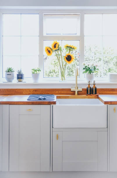cozinha doméstica moderna e brilhante - window light window sill home interior - fotografias e filmes do acervo