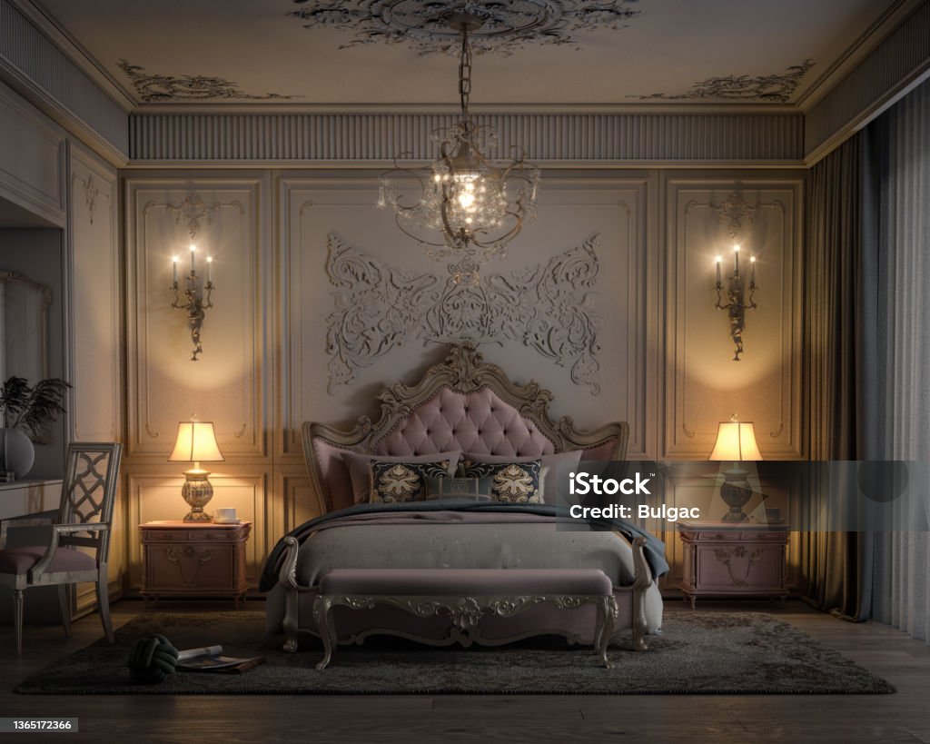 Stylish French Bedroom Digitally generated cozy and stylish French master bedroom interior design.

The scene was rendered with photorealistic shaders and lighting in Autodesk® 3ds Max 2022 with V-Ray 5 with some post-production added. Chandelier Stock Photo