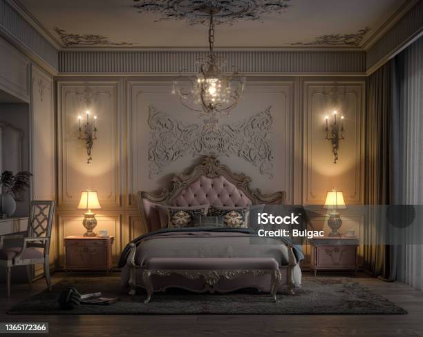 Stylish French Bedroom Stock Photo - Download Image Now - Chandelier, Owner's Bedroom, French Culture