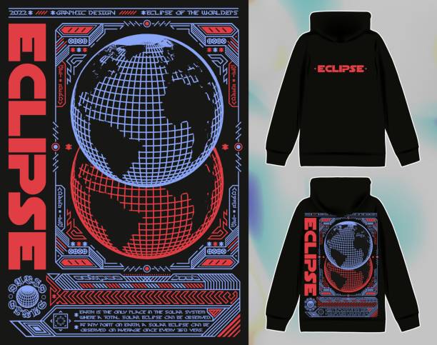 ilustraciones, imágenes clip art, dibujos animados e iconos de stock de póster moderno con texto "eclipse" planeta esfera. en estilo techno, estampado elegante para streetwear, estampado para camisetas y sudaderas con capucha, aislado sobre fondo negro - t shirt template shirt symbol