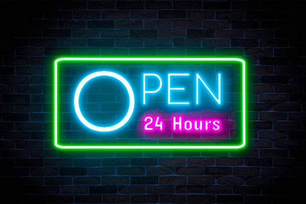 istock OPEN 24 hour neon banner,  shining light sign collection. 1365173736