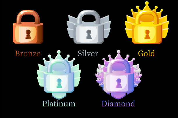 ilustrações de stock, clip art, desenhos animados e ícones de rewards, gold, silver, platinum, bronze, diamond locks for game. - medal platinum gold silver