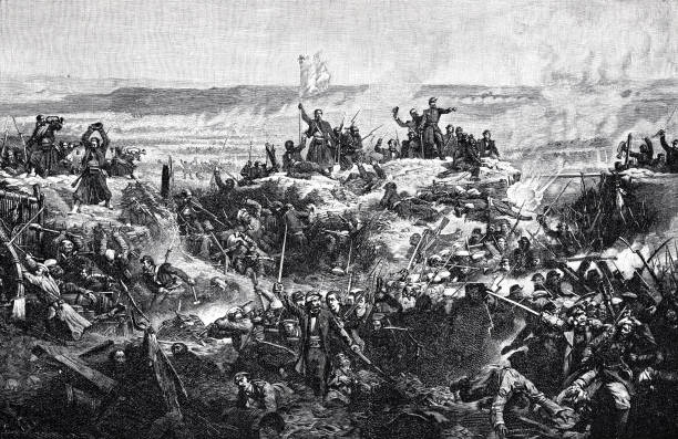 ilustraciones, imágenes clip art, dibujos animados e iconos de stock de asalto del fuerte de malakov por los franceses el 6 de septiembre de 1855 - 1855