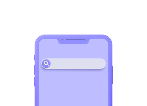 Mobile phone with search bar popping out. Vector 3D illustration.