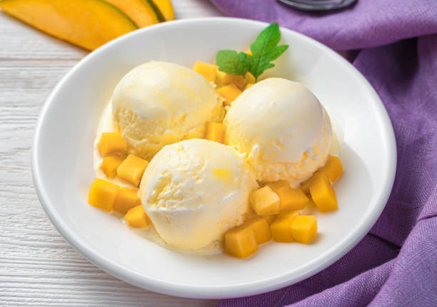 istock Three balls of mango ice cream in a plate on a light background 1365177106