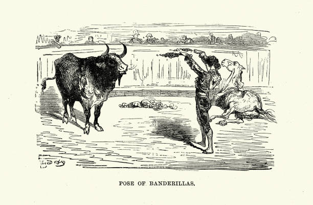 Vintage illustration of matador facing a bull, pose of banderillas, Spain, Spanish 19th Century. Gustave Dore. Colorfully decorated and barbed sticks used in bullfighting