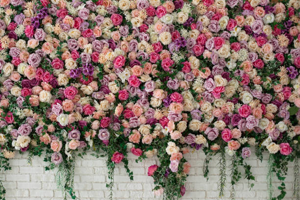Wall with curly Flowers. Brick wall with beautiful flowers in room. Summer flowers on wall building. Beautiful decorative colorful roses and peonies on brick white wall. Interior wedding party decor. pared con flores rizadas. pared de ladrillo con hermosas flores en la habitación. flores de verano en el edificio de paredes. hermosas rosas y peonías decorativas de colores en la pared de ladrillo blanco. decoración interior de fiestas de bodas.