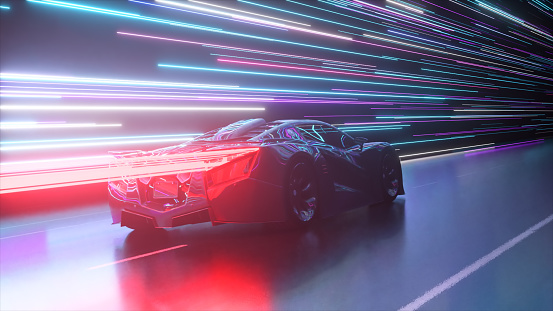 Futuristic concept. Sports car on the background of glowing neon lines. Red neon laser. 3d Illustration