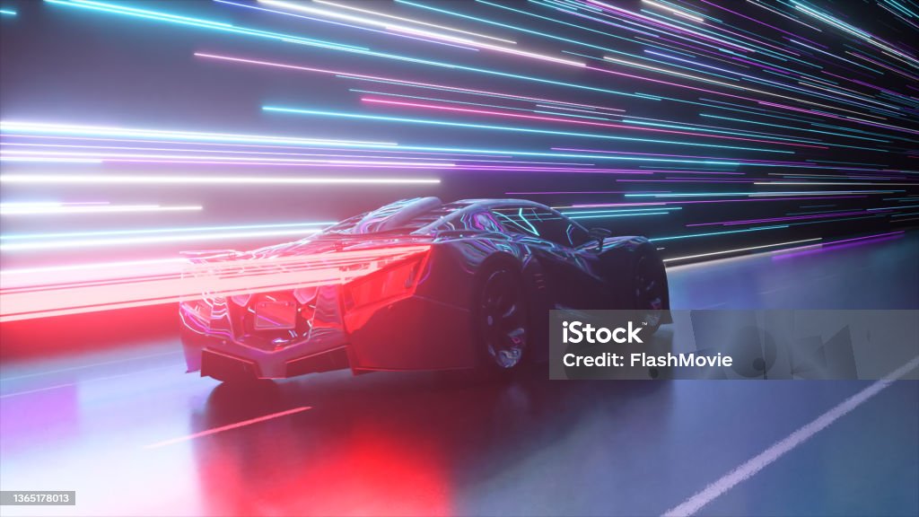 Futuristic concept. Sports car on the background of glowing neon lines. Red neon laser. 3d Illustration Futuristic concept. Sports car on the background of glowing neon lines. Red neon laser. 3d Illustration. High quality 3d illustration Car Stock Photo