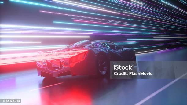 Futuristic Concept Sports Car On The Background Of Glowing Neon Lines Red Neon Laser 3d Illustration Stock Photo - Download Image Now