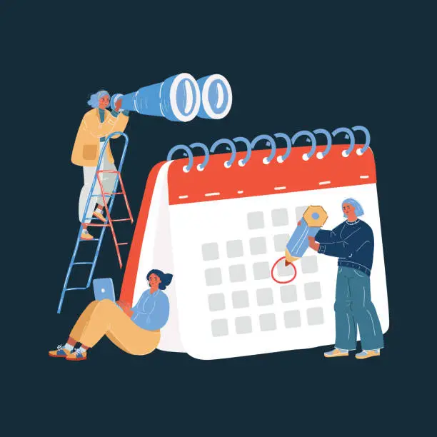 Vector illustration of Vector illustration of team working together planning and scheduling their operations agenda on a big desk calendar. People get togerher for project. Character over dark backround.