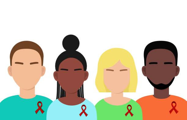 ilustraciones, imágenes clip art, dibujos animados e iconos de stock de personas de diferentes razas con cinta roja. símbolo de la solidaridad con las personas seropositivas y que viven con sida - world aids day