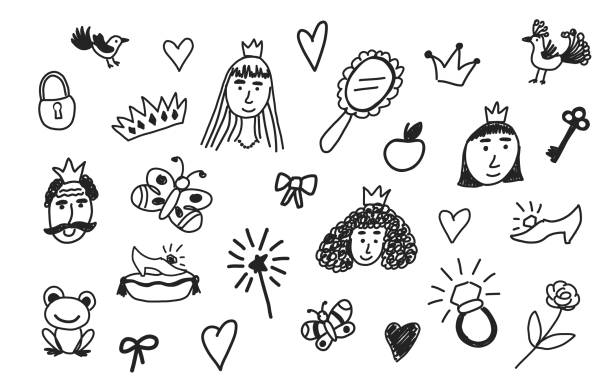 ilustraciones, imágenes clip art, dibujos animados e iconos de stock de set de garabatos con caras de príncipe y princesa y elementos de cuento de hadas. dibujos infantiles. ilustración vectorial - zapatos de reyes