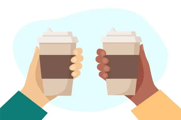 Vector illustration of Black hand and white hand hold cups of hot drink. Disposable coffee paper cup