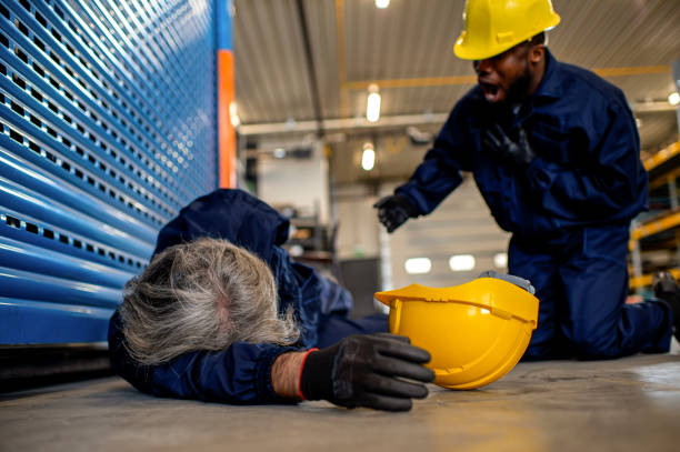istock Worker after an accident in factory. 1365185252