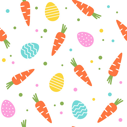 Carrots and colorful eggs with ornament seamless pattern. Easter theme background. Flat design. Easter holiday food wallpaper.