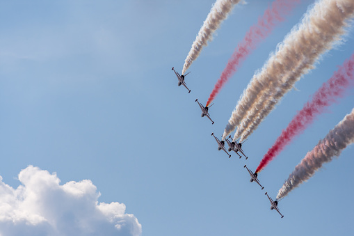 Bucharest, Romania - 07/28/2018, Turkish Acrobatics Team Turkish Stars performing at BIAS 2018 airshow, Baneasa Airport