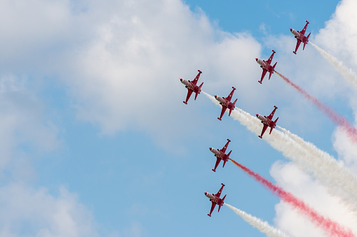 Jersey, U.K.- September 11, 2014: The British Red Arrow display team taking part in the Jersey International Airshow 2014 over St.Aubin's Bay flying with the Hawk T1 jets.