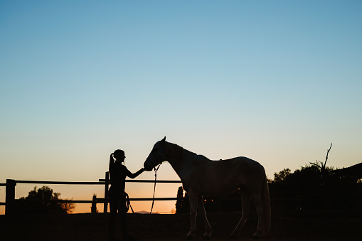 Silhouette of a woman with her horse in beautiful backlight at a rustic stable outdoors in Majorca. Color editing. Part of a series.